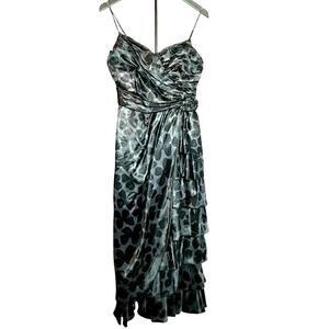 VTG 80s Black Floral Jacquard Tiered Prom Gown Rhinestone Straps Rosette Size 4